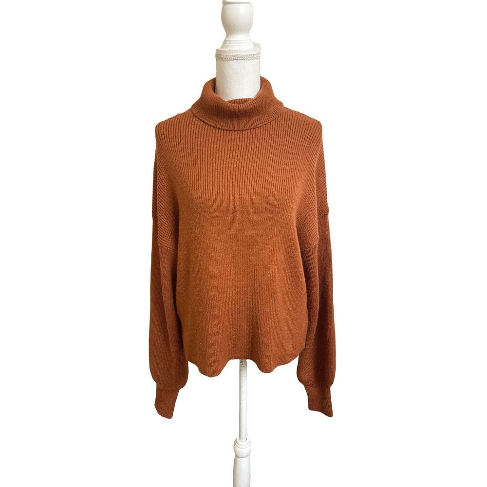 Urban Outfitters Womens L Rust Orange Turtleneck Sweater Balloon Sleeves Ribbed